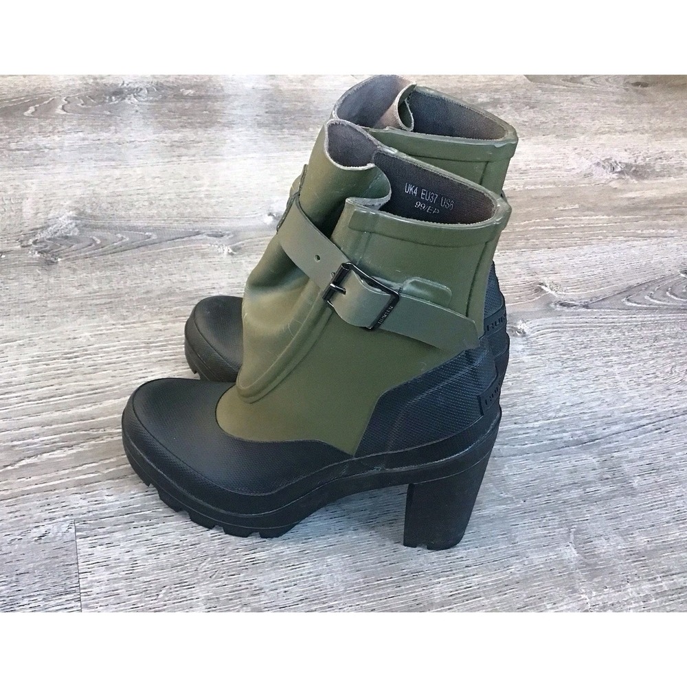 Hunter Women's Size 6 Block Heel Rain Ankle Buckle Boots Green Black Rain Heels